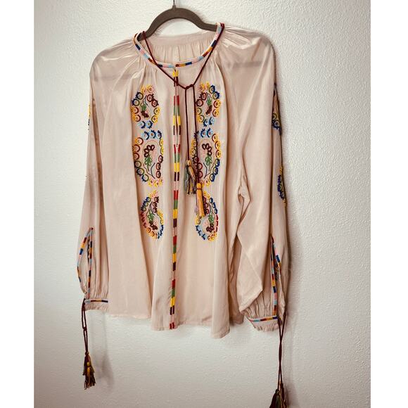 Fortela Ghodsi Tan Multicolor Beade Embroider Print Peasant Blouse 40 - Picture 4 of 16